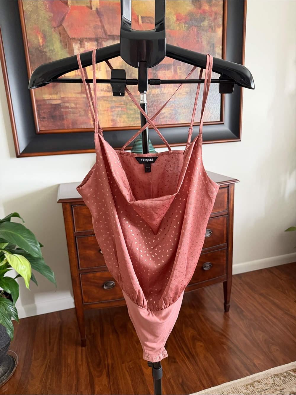 Express Rose Dusty Pink Metallic Dot Satin Bodysuit